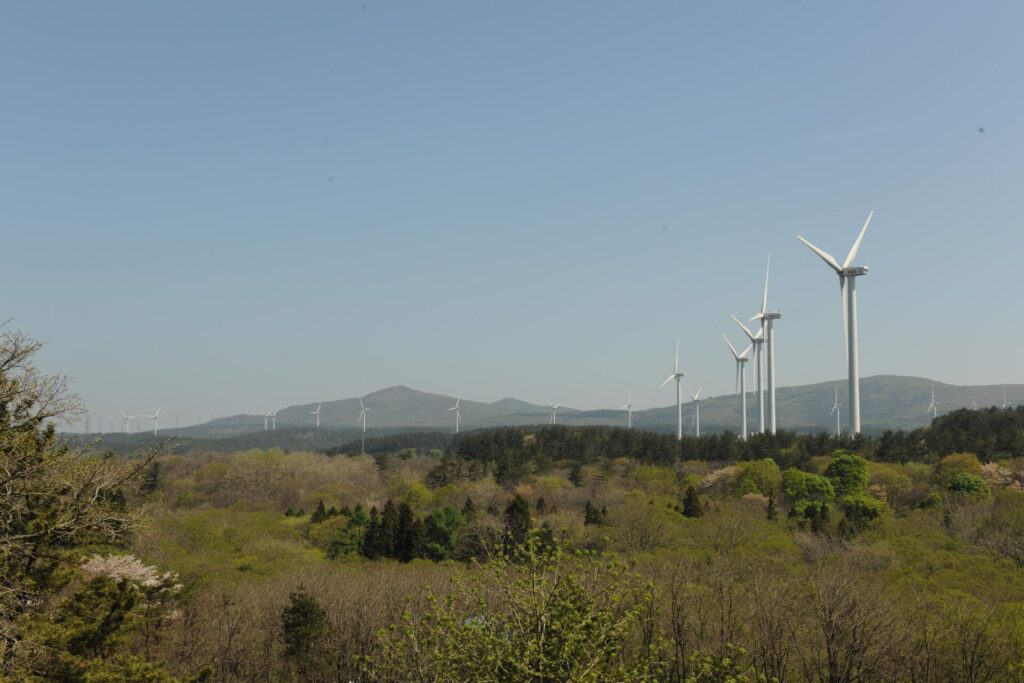 二又風力発電所の風車群（風車のナセルには「FWD」の文字が見える）