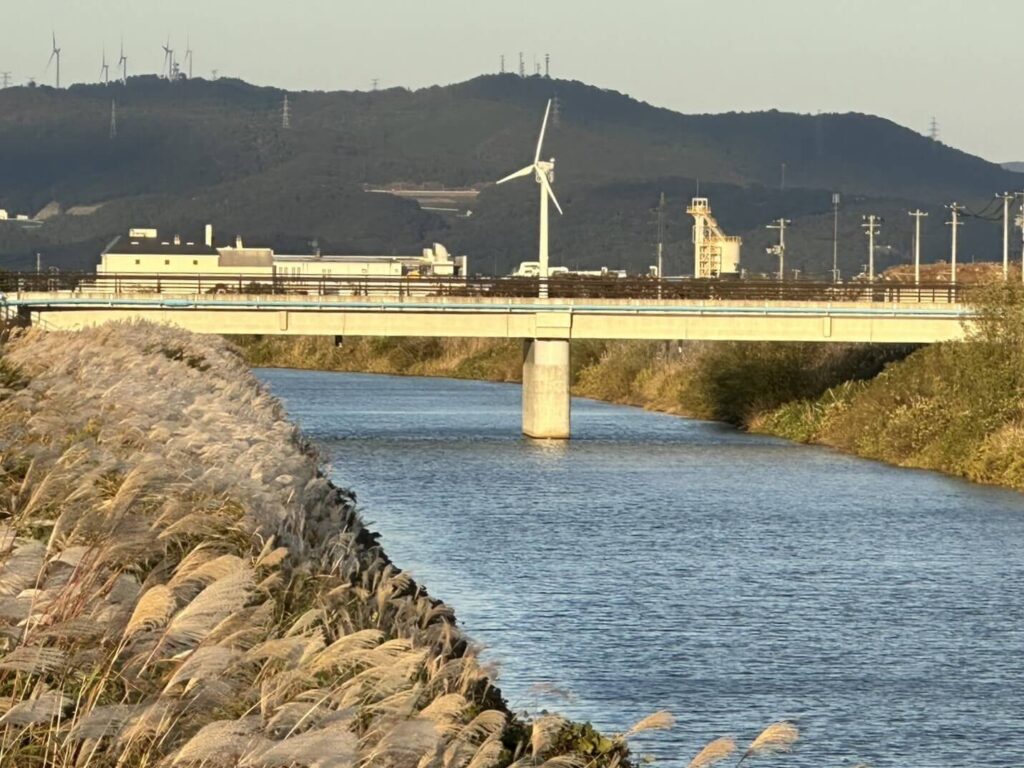 石巻市街地から見た、石巻ウインドファーム（写真左上の山頂の風車群が、石巻ウインドファームの風車）